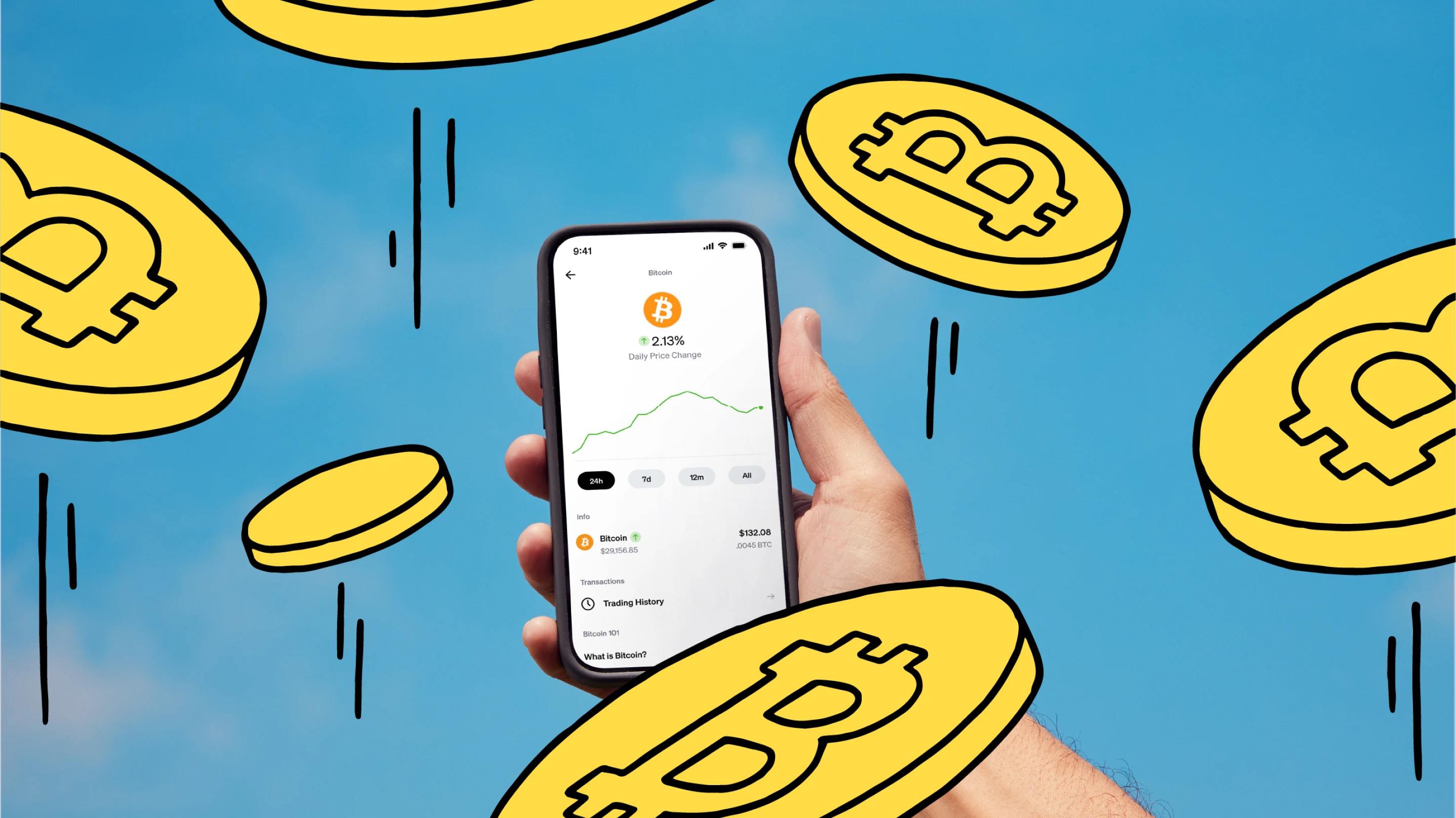 Phone showing crypto feature with bitcoin illustration