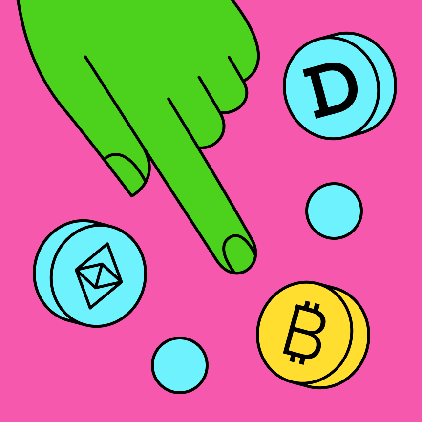 Illustration of hand pointing at crypto coins