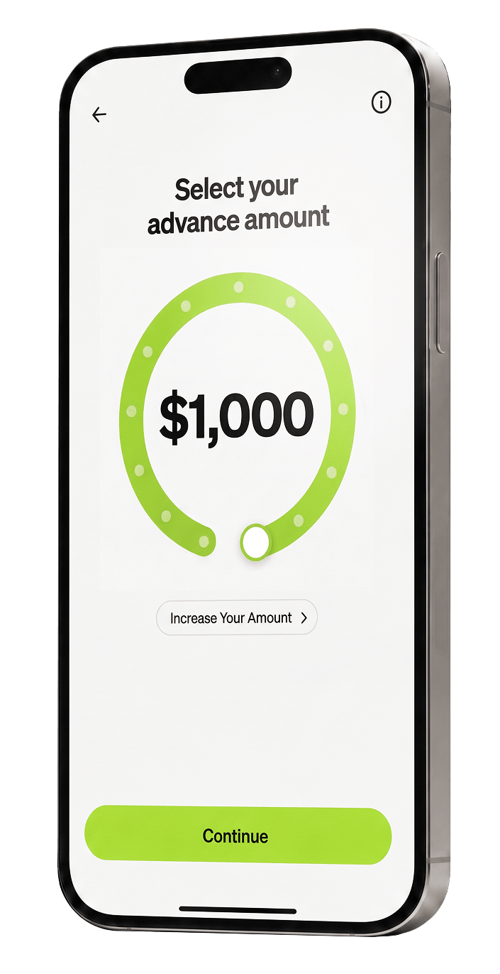 Current app showing $750 advance amount selector
